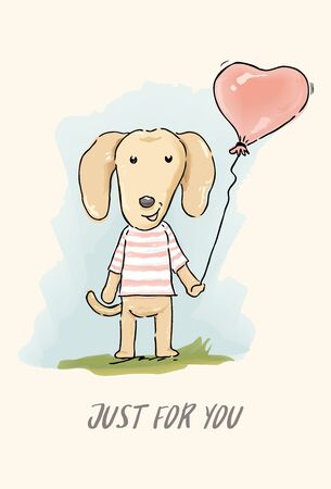 Cute cartoon Dachshund holding balloon in watercolor style.のイラスト素材