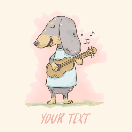 Hand drawn cute cartoon Dachshund playing guitar in watercolor style.のイラスト素材