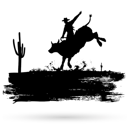 runge banner, Silhouette of a cowboy riding wild bull, vectorのイラスト素材