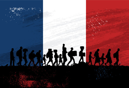 Silhouette of refugees people walking with flag of France as a backgroundのイラスト素材