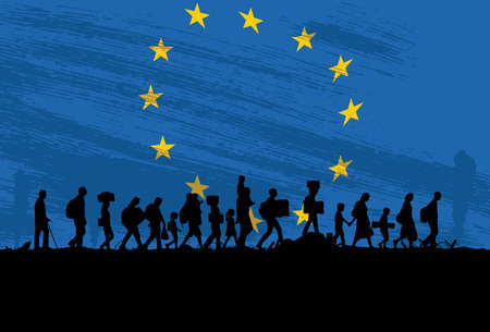 Silhouette of refugees people walking with The Flag of Europe as a backgroundのイラスト素材