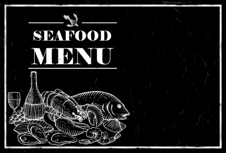 Hand drawn seafood on a chalk board, vectorのイラスト素材