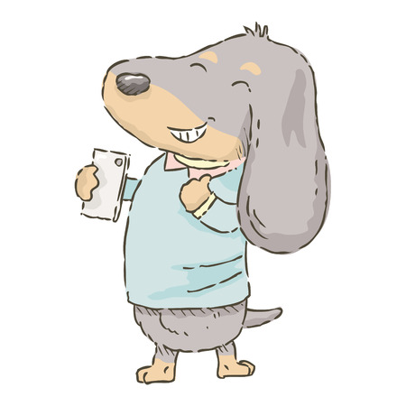 Cute cartoon Dachshund taking selfie photo with smart phone, Vectorのイラスト素材