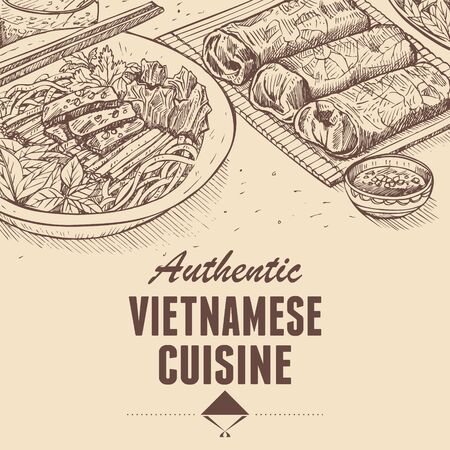 Hand drawn traditional Vietnamese food, Vector Illustrationのイラスト素材