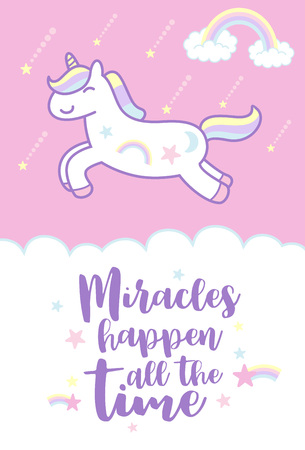 Cute cartoon unicorn with text miracles  happen all the timeのイラスト素材