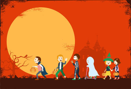 llustration of Children in colorful costumes go trick-or-treating on Halloweenのイラスト素材