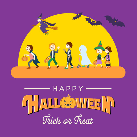 Flat design, Children in colorful costumes go trick-or-treating on Halloweenのイラスト素材