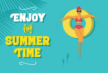 Illustration of beautiful woman relaxing on a rubber ring in the sea with text enjoy the summer time, vector.のイラスト素材