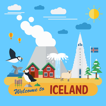 Flat design of Iceland landmarks and icons Vector Illustrationのイラスト素材
