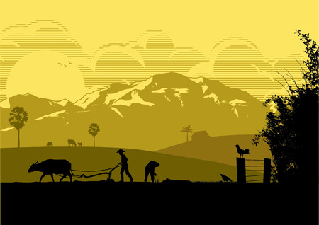 Illustration of farmers are plowing with buffalo and planting rice in the farm at sunset.のイラスト素材