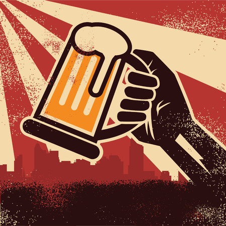Hand holding beer making a toast with cityscape as a backgroundのイラスト素材