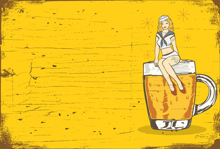 Illustration of a sailor girl sitting on a glass of cold beerのイラスト素材