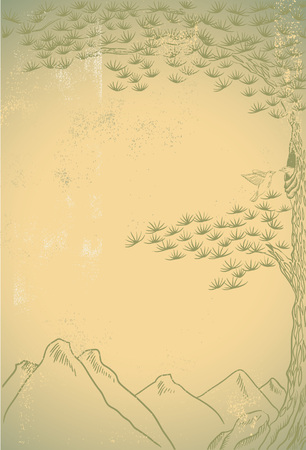 Illustration of pine tree, birds and mountains.のイラスト素材