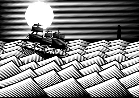 Woodcut style with ship in the storm.のイラスト素材