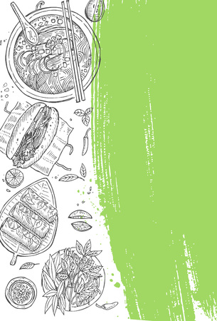 Vietnamese food flyer design. Linear graphic. Vector illustration. Engraved style.のイラスト素材