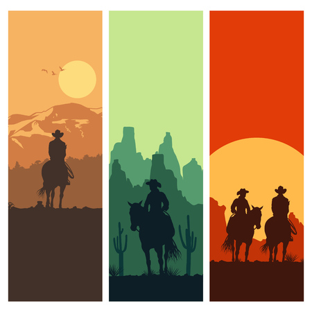 Silhouette of Cowboy couple riding horses at sunset, vectorのイラスト素材