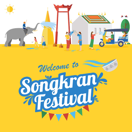 Songkran Festival Banner, Thai New Year's Day Vector illustration with elephant, sun, people.のイラスト素材