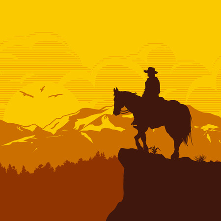 Silhouette of lonesome cowboy riding horse at sunset, Vector Illustrationのイラスト素材