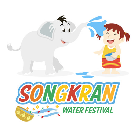 Songkran, Thai New Year Festival, Illustration of Thai girl Playing with Elephant, Vectorのイラスト素材