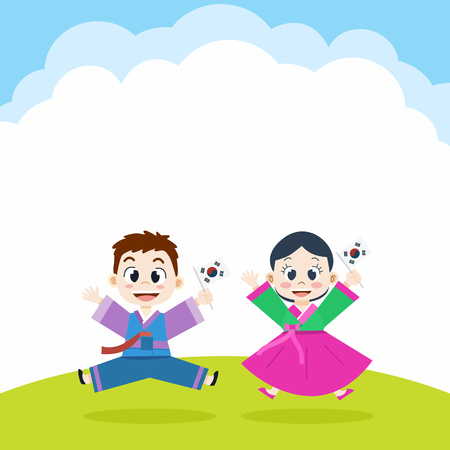 Cute cartoon Korean boy and girl in national costume, Vector Illustrationのイラスト素材