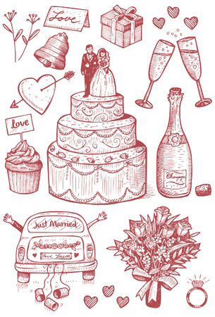 Hand drawn set of wedding doodles Vector illustration.のイラスト素材