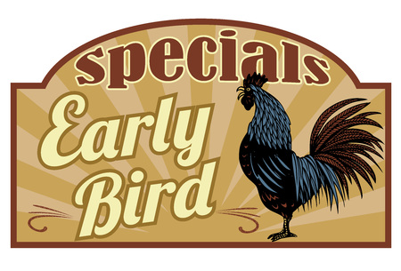 Retro early bird specials sign with hand drawn rooster crowing in the farm, vectorのイラスト素材