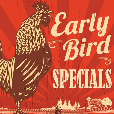 Retro early bird specials sign with hand drawn rooster crowing in the farm, vectorのイラスト素材