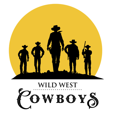 Silhouette of five cowboys walking forwardのイラスト素材