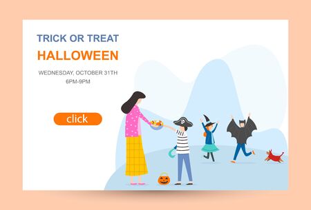 Flat design, Children in Halloween costumes trick or treating, Vector Illustrationのイラスト素材