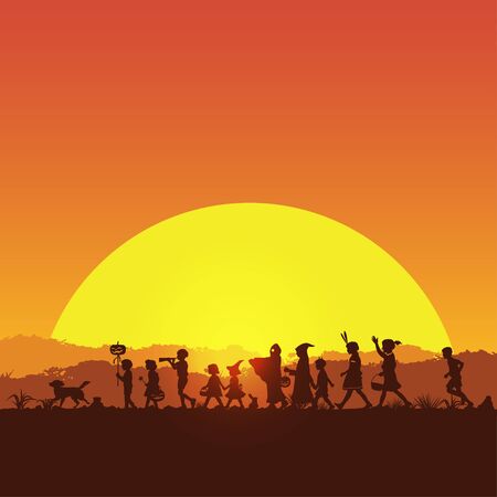 Silhouette of children playing on Halloween night, vector illustrationのイラスト素材