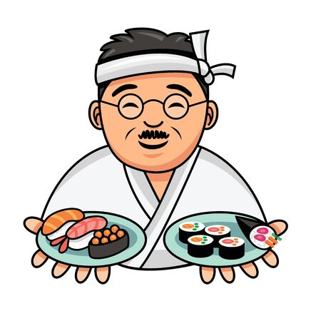Cute cartoon Japanese chef serving plate of sushi and nigiri, Vector Illustrationのイラスト素材