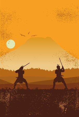 Silhouette of two Japanese Samurai sword fighting, Vector Illustrationのイラスト素材