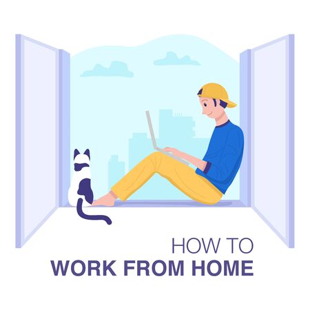 Work from home concept, A young man sitting by the window and working on laptop. Vectorのイラスト素材
