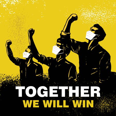 Together we will win banner, Illustration of people wearing protective masks and raising fists. Vectorのイラスト素材