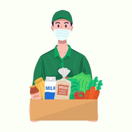 Online grocery concept. Delivery man with protective mask delivering food. Vectorのイラスト素材