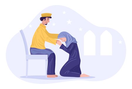 Daughter and father asking forgiveness during Hari Raya Aidilfitri Celebrationのイラスト素材