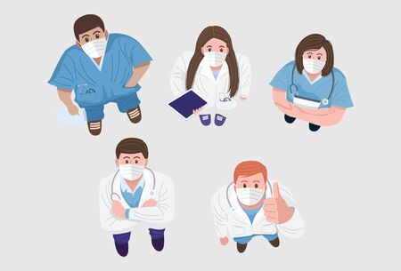 Top view of happy doctors and nurses wearing protective masks and standing looking up at camera. Vectorのイラスト素材