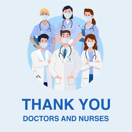 Frontline heroes, Illustration of doctors and nurses characters wearing masks.のイラスト素材