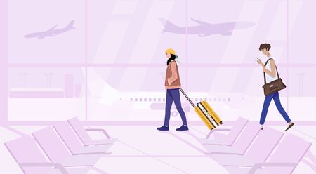 Illustration of young couple walking with suitcase in terminal.のイラスト素材
