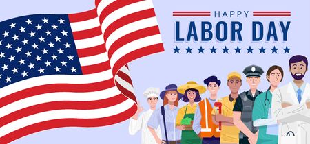 Happy Labor Day. Various occupations people standing with American flag.のイラスト素材