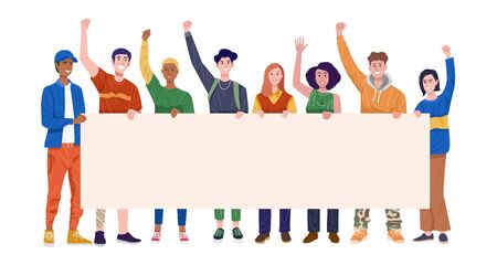 Group of happy young men and women holding banner. Vectorのイラスト素材