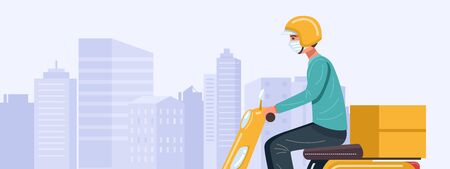 Contactless Delivery. Delivery man wearing face mask riding scooter withのイラスト素材