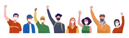 Group of protesters wearing face masks holding banner. Vectorのイラスト素材