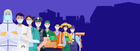 Thank You Frontline Workers Concept. Various occupations people wearing face masks. Vectorのイラスト素材