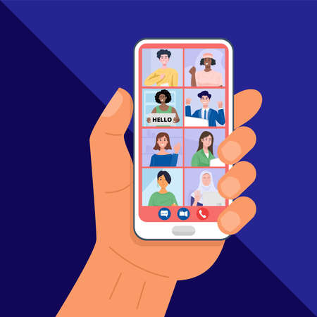 Hand holding smartphone having video conferencing with friends. Vectorのイラスト素材