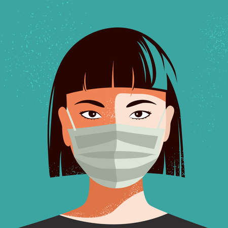 Illustration of Asian woman wearing face mask. Vectorのイラスト素材