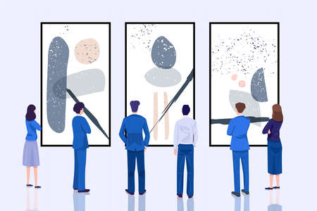 Group of people viewing abstract paintings in art gallery. Vector