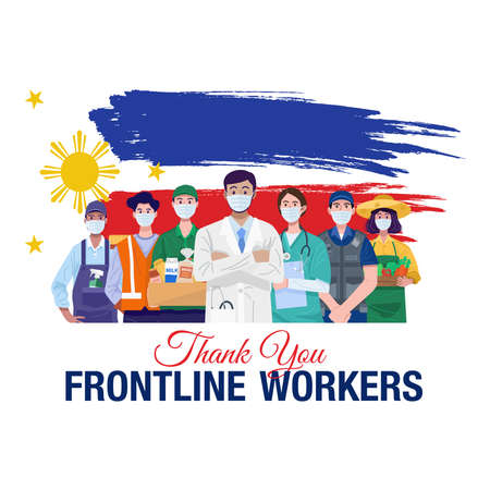 Thank you frontline workers. Various occupations people standing with flag of the Philippines. Vectorのイラスト素材