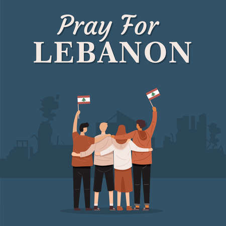 Pray for Lebanon Banner. Back view of people hugging together and holding Flag of Lebanon, Vectorのイラスト素材