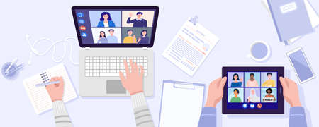 Top view of two people having video conference on tablet and notebook with his friends at home. Vectorのイラスト素材